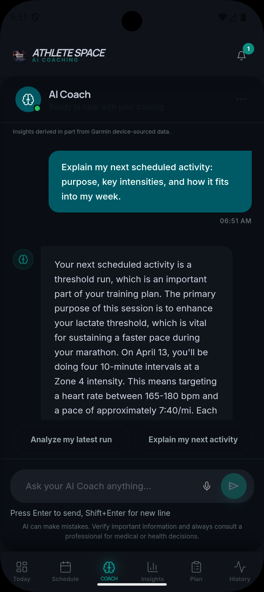 Athlete Space AI Coach conversation